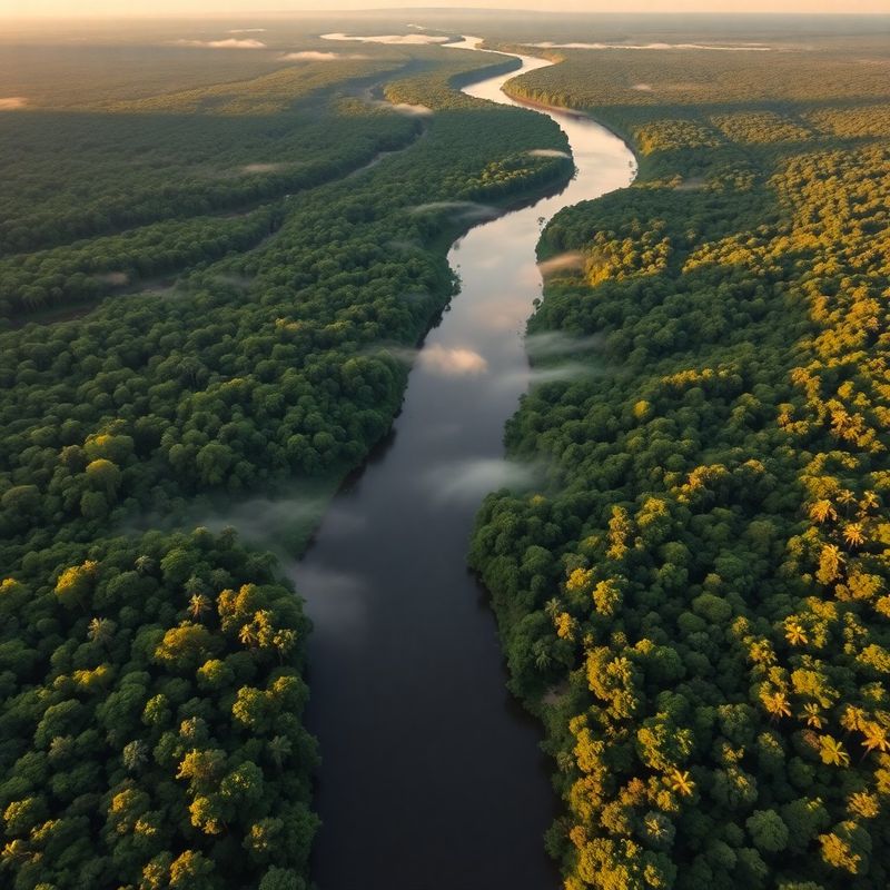 Vista aérea del río Amazonas colombiano al amanecer