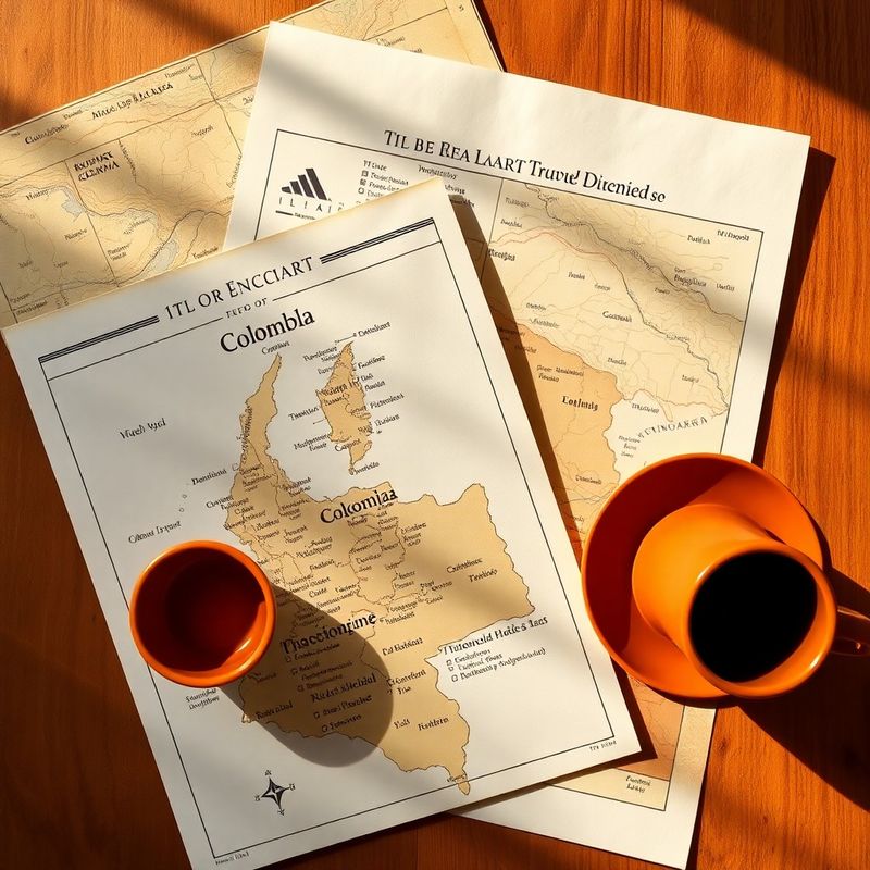 Documentos de itinerario y mapa de Colombia sobre mesa de trabajo